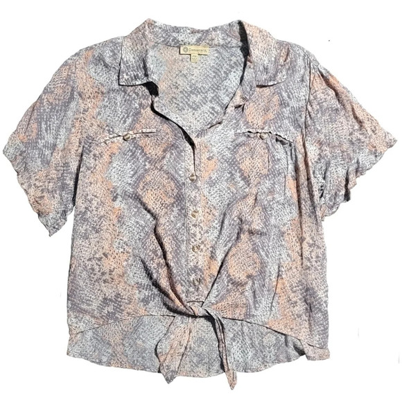 Democracy Tops - DEMOCRACY Pastel Snakeskin Print Woven Shirt, Ruffle Sleeves, Tie Front Size PM